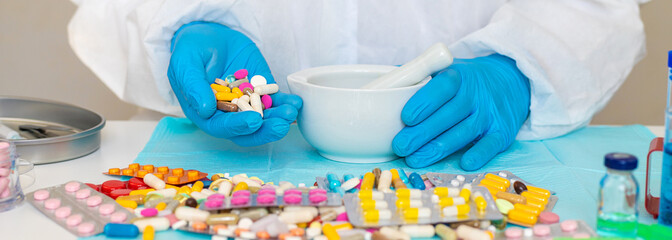 examine drugs in the laboratory. Selective focus.