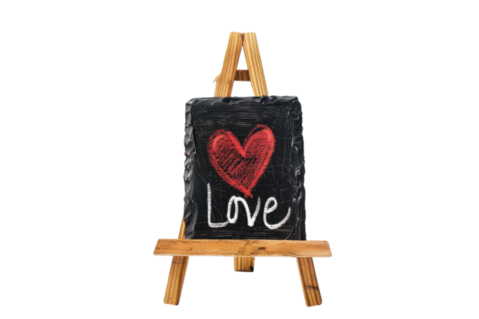 A charming blackboard with a heart and the word love, radiating warmth and affection in a simple yet elegant display isolated on transparent background