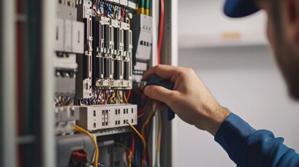 Electrician replacing circuit breaker. Indoor electrical panel