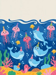Cute Underwater Party Animals Clipart ,Dolphin Jellyfish Cartoon with Party Hats ,Ocean Party Animals Clipart for Kids, Ocean Party Animals Clipart Printable, Ocean Party Animals Clipart Digital