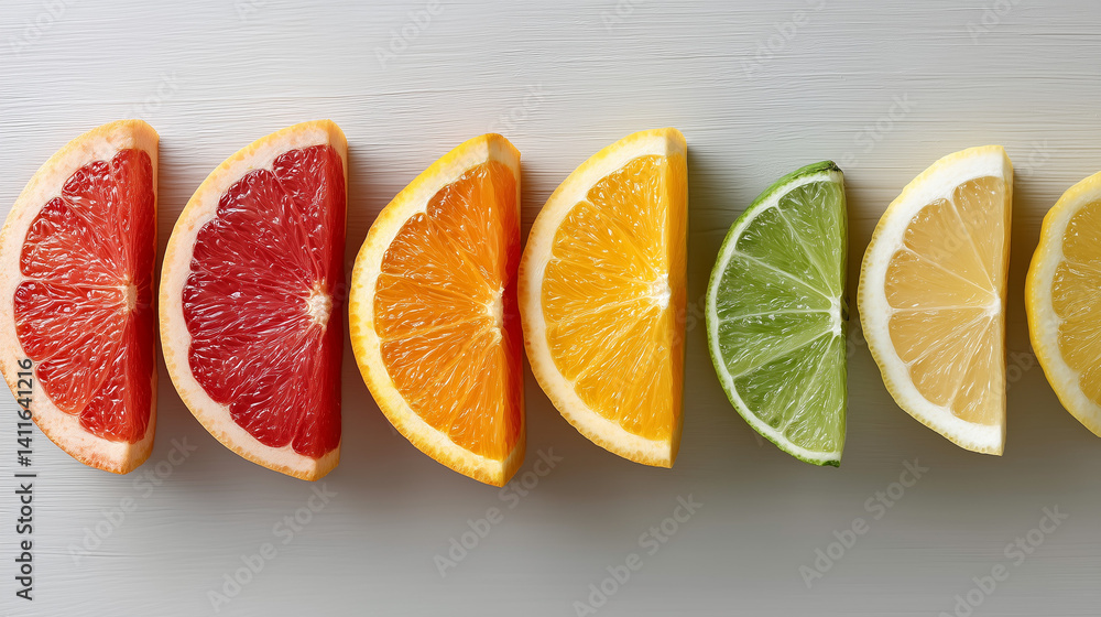 Poster citrus rainbow: a vibrant arrangement of grapefruit, orange, lime, and lemon slices, creating a visu