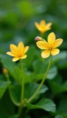 Fototapeta premium Delicate primrose blooms against lush green foliage , wildflower, outdoor
