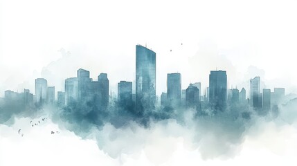 Misty cityscape skyline, painted in soft watercolors.