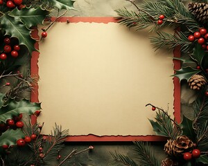 Overhead view of a Christmas card with a simple red border and holiday decor, placed on kraft paper background, space inside the card left empty