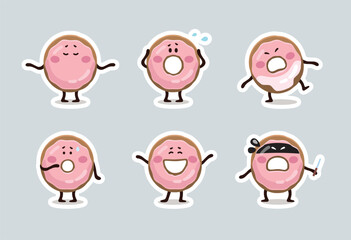 Donut characters sticker pack. Donut emoji, stickers, characters, mascots. Pink glazed donuts collection. Emoji set. Cartoon characters.