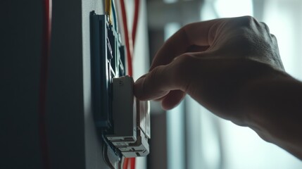 Electrician replacing circuit breaker. Indoor home renovation site