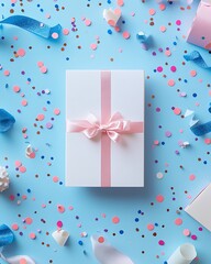 Minimalist birthday card lying flat on a soft pastel background, surrounded by simple confetti and ribbon, card open to reveal blank space for message
