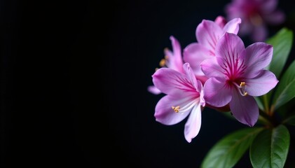 Delicate purple rhododendron blossoms and fresh green leaves against a stark black backdrop , flowers, texture, plant