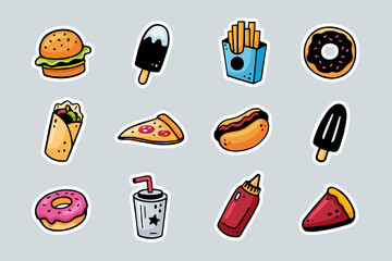 Fast food stickers set - burger, French fries, paper cup with drink, ice cream, pizza, pie, hot dog, kebab, donut, bottle of ketchup. Sketch of snacks. Fast food doodles. Fast food collection.