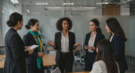 Group of diverse businesswomen in suits standing in a modern office setting.