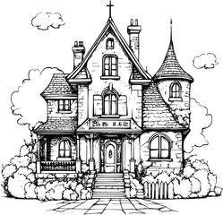 Obraz premium Gothic style Hospital coloring book design, Gothic style Hospital vector image