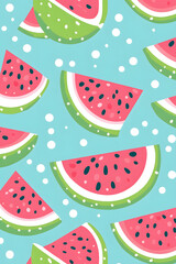 Cute illustrated watermelon pattern on turquoise background, ideal for summer, kids, and playful design themes.