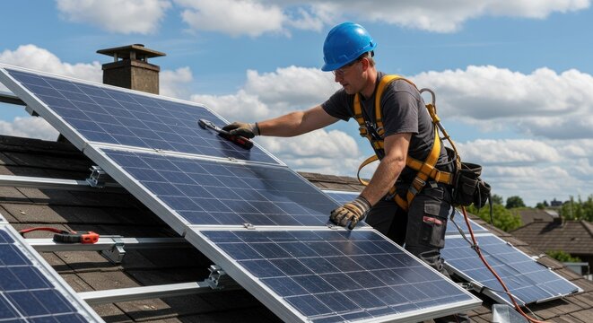 Worker installing solar panels on a roof wearing safety gear against a sky.
