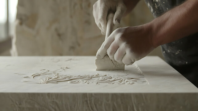 Stone mason chiseling details into a marble slab. Featuring detailed stonework and sculpture