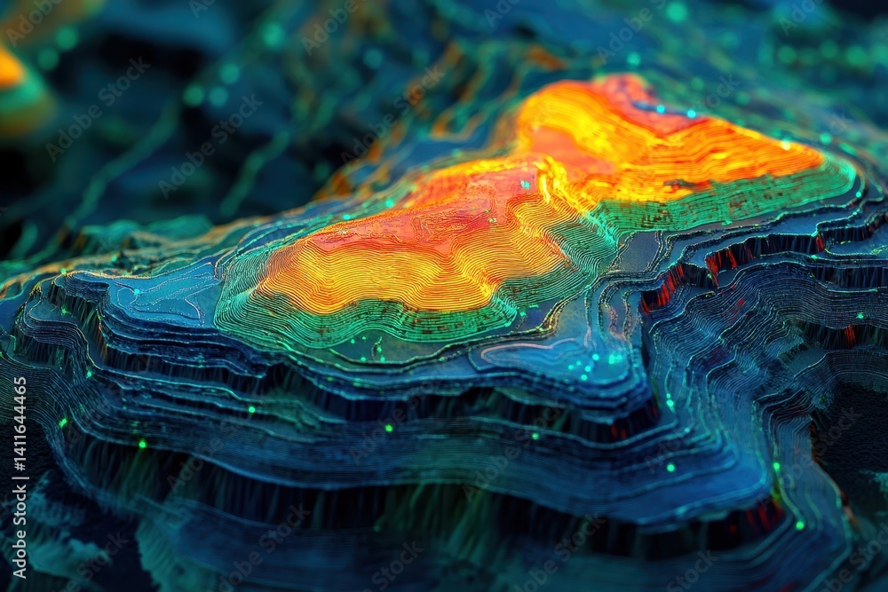 Poster colorful, abstract topographic map with glowing contour lines and depth of field. illustrate data vi