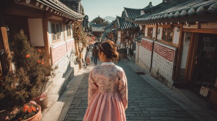 Fototapeta premium Back view of korean asian woman in traditional korean dress or hanbok dress walking in old palace in night with full moon, Seoul city, South Korea,copy space.