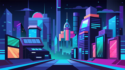 A futuristic metropolis with neon lights and holographic billboards showcasing the zettabytebased technology of the era.. Vector illustration