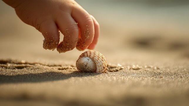 close-up of a childs hand gently lifting up a seashell on a sandy beach