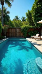 Newly built pool, fenced in, concrete surround, resort, tan, architecture