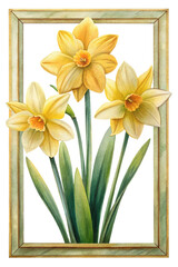 Watercolor Daffodils in a Wooden Frame, Botanical Art, Spring Flowers Illustration