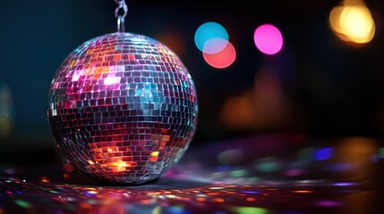 Obraz premium Vibrant Disco Ball Casting Colorful Reflections in Abstract Party Atmosphere with Dynamic Lighting Effects on Dark Bokeh Background - Creative Concept for Event and Celebration