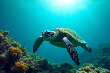 Obraz premium An underwater scene of a green sea turtle gliding through a coral reef, surrounded by vibrant marine life, soft lighting and soothing 