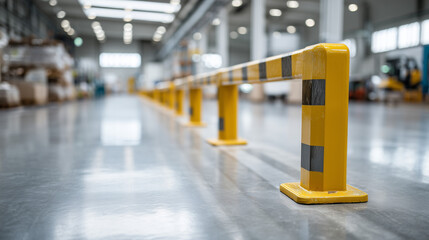 Factory Safety Barrier: Yellow and black safety barrier in a clean and modern factory setting, ensuring workplace safety and efficiency.