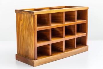 A beautifully crafted wooden organizer showcasing multiple compartments for stylish storage on a bright surface isolated on transparent background