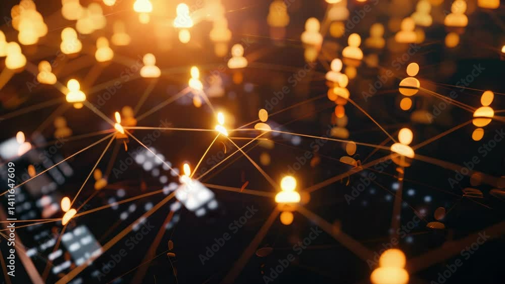 Poster glowing network connections and digital grid in hightech environment