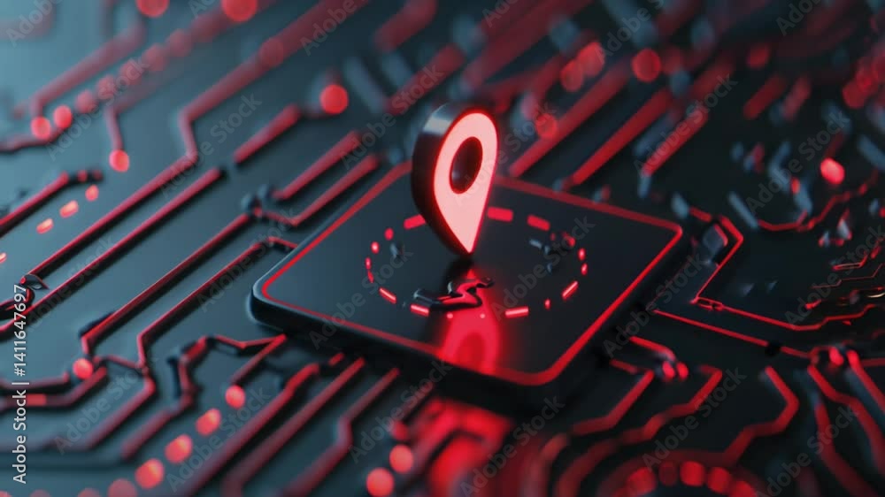 Poster navigation pin animates across digital circuit board reflecting advanced technology trends