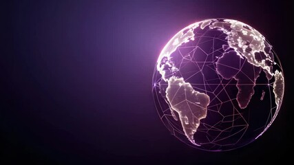 Rotating digital earth with glowing purple network grid on dark background