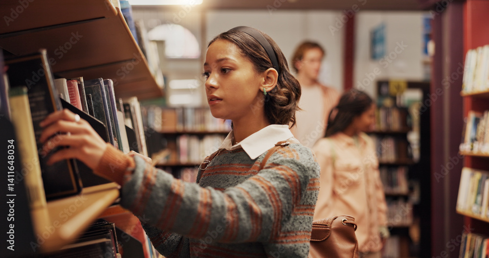 Poster woman, student and shelf with books in library for choice, textbook search and studying for exam. fe