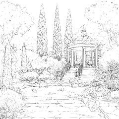 Mediterranean style Garden folly coloring book design, Mediterranean style Garden folly vector illustration