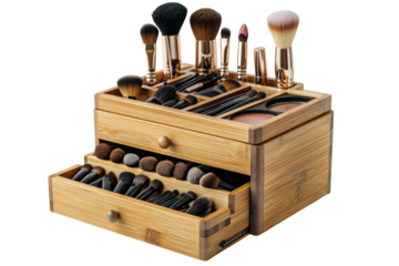 Elegant wooden makeup organizer showcasing an array of brushes, palettes, and tools for beauty enthusiasts at a stylish vanity isolated on transparent background