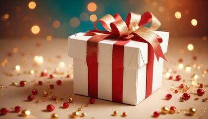 Obraz premium Invitation or postcard with place for text. White gift box with a large bow on a white background with sparkles, copy space. Festive concept