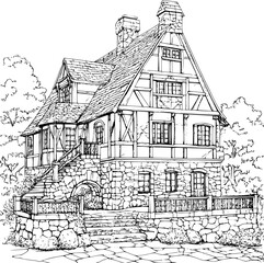 Fototapeta premium Tudor style Manor house coloring book design, Tudor style Manor house vector illustration