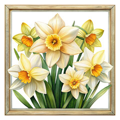 Elegant Daffodil Floral Arrangement Framed Watercolor Art on a Trensprent Background png