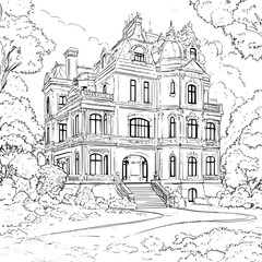 Fototapeta premium Victorian style Manor coloring book design, Victorian style Manor vector illustration