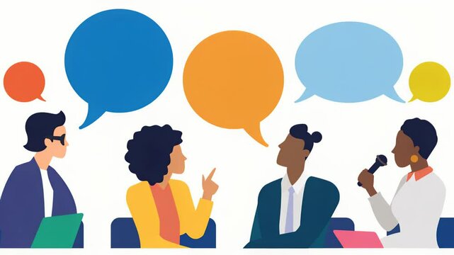 Animated dialogue concept with diverse characters engaging in vibrant communication