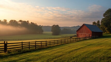 A picturesque rural landscape with a red barn at dawn