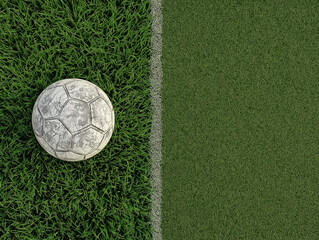 A worn soccerball football on natural grass turf and artificial grass turf showing the difference in material and texture