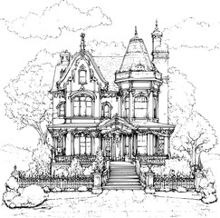 Fototapeta premium Victorian style Villa coloring book design, Victorian style Villa vector illustration