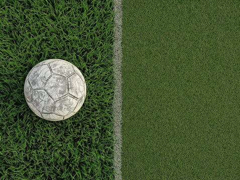 A worn soccerball football on natural grass turf and artificial grass turf showing the difference in material and texture