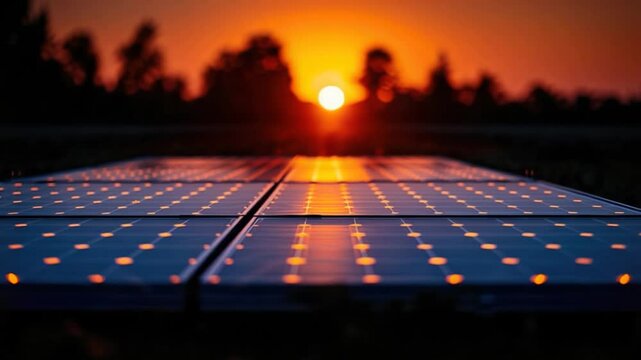 Vibrant sunset over solar panels reflecting renewable energy at golden hour