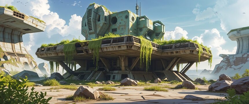 ruined starbase covered in alien growth 3d render scene video game concept background illustration digital artwork
