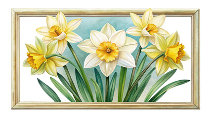 Elegant watercolor painting of daffodils in a vintage frame against a blue backdrop