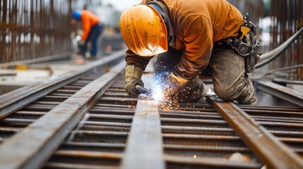 A welder fusing metal beams at a construction site. Featuring precision and sparks flying