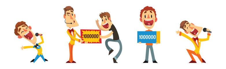 Lottery Show with Man Host with Microphone and Check Vector Set