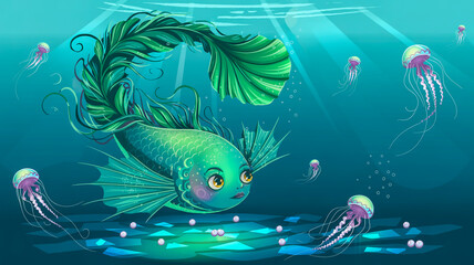 Mermaid-style fish with flowing hair made of seaweed, ethereal fantasy illustration