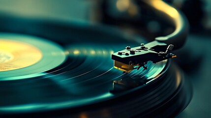 Vinyl record playing on turntable, close-up, dark background, music